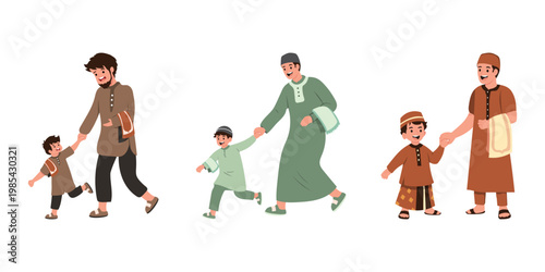 Muslim Kid Running Go to Mosque with Parent