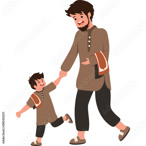 Muslim Kid Running Go to Mosque with Parent