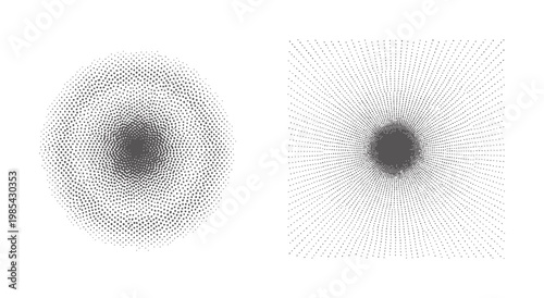 Tableau sur toile Two abstract grey dot patterns radiating from dark centers white dots radial