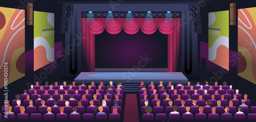 Theater audience. Cinema theatre auditorium, sitting people crowd seat chairs row public hall interior watching show performance stage concert or seminar classy vector illustration