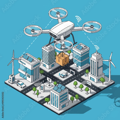 Drone delivering package in urban cityscape.