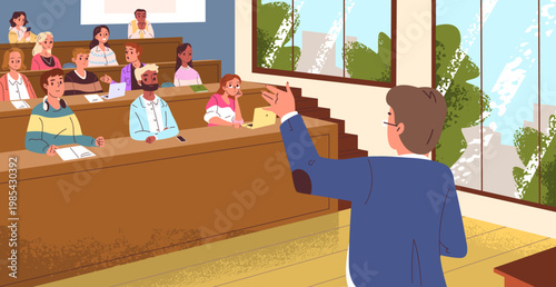 Students lecture auditorium. Teacher speaking lesson college students at desk tribune classroom, professor back rear university audience school exam room classy vector illustration