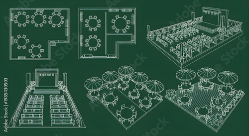 Outdoor Dining and Event Area Layout with Umbrella Hut Stage Music Blueprint Icon Set – Multi View AutoCAD Landscape Technical Drawing White Outline on Dark Green Background