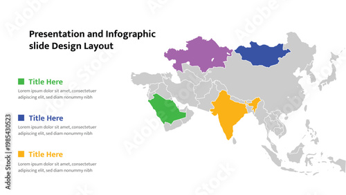 Colorful map of Asian continent with highlighted countries for presentation slide layout