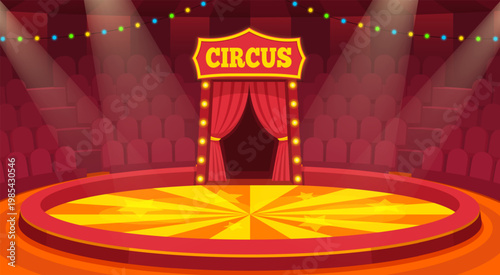 Cartoon circus arena. Empty ring stage Inside cirque tent dome, carnival show interior scene background amusement performance audience spotlight qualitative vector illustration