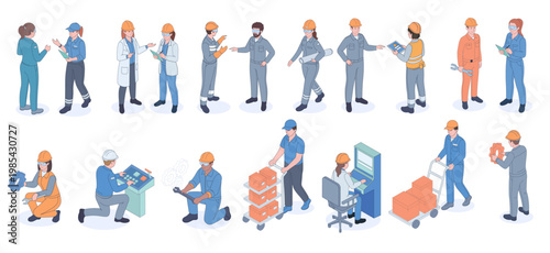 Industrial workers doing tasks in isometric style on white background showing manufacturing teamwork. Vector illustration