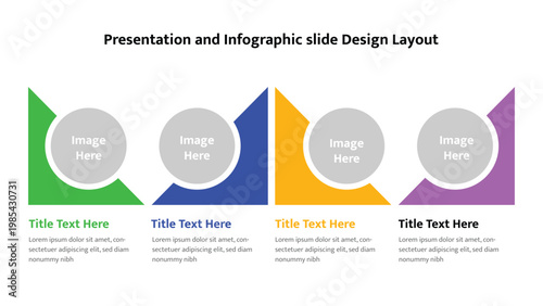 Colorful presentation slide template showing four sequential image placeholders and text descriptions