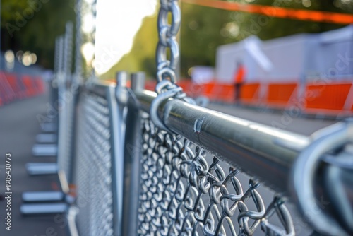 Close up of metal crowd control barriers linked by chains, securing the perimeter of an outdoor event