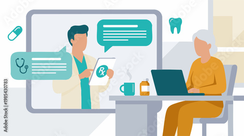 Elderly woman receiving online medical consultation and prescription via laptop