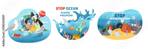 Ocean pollution set showing plastic waste in cartoon style on blue background as environmental harm concept. Vector illustration