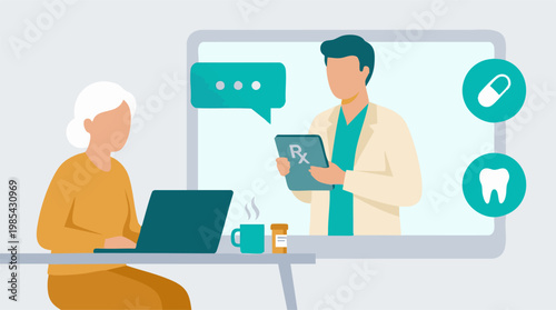 Elderly woman uses laptop for online telemedicine consultation