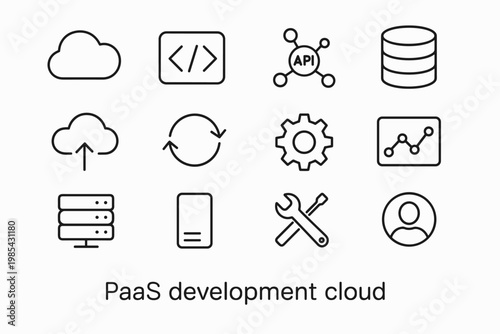 PaaS Cloud Icons. PaaS development cloud. Line outline icon set of PaaS development cloud: cloud platform,