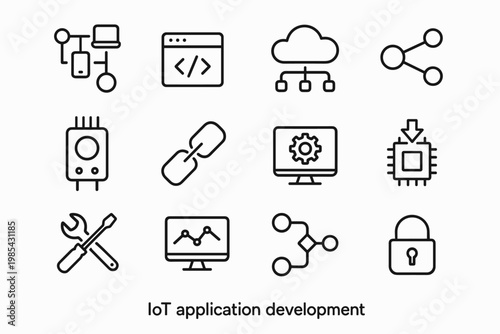 IoT Icon Grid. IoT application development. Line outline icon set of IoT application development: connected