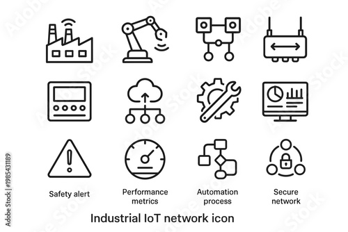 Industrial IoT Icon Set. Industrial IoT network. Line outline icon set of Industrial IoT network: factory