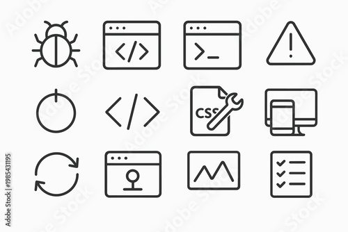 Front-End Debugging Icons. Front-end debugging. Line outline icon set of Front-end debugging: bug icon,