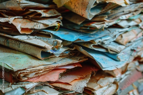Close up of a large stack of old, decaying papers with torn edges and faded colors, highlighting the passage of time and fragility of documents