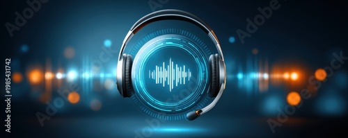 Concept of an AI customer service center. A futuristic headset with a microphone floats above a digital soundwave interface, set against a dark, glowing background with bokeh effects.