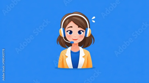 Concept of an AI customer service center. Cartoon woman wearing a headset with a microphone, smiling against a blue background.