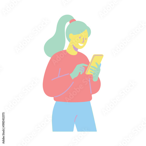 Woman holding and reading a phone with a happy expression on her face