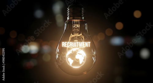 A glowing light bulb with the word recruitment written on it, symbolizing a bright idea for hiring and talent acquisition.