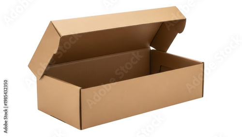 Open cardboard shipping box with a lid partially removed isolated on white background