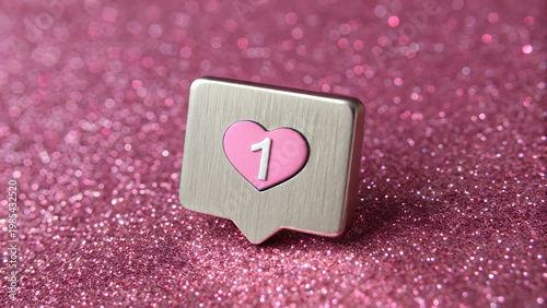 Wooden number 1 with pink heart on glitter background for celebration or milestone