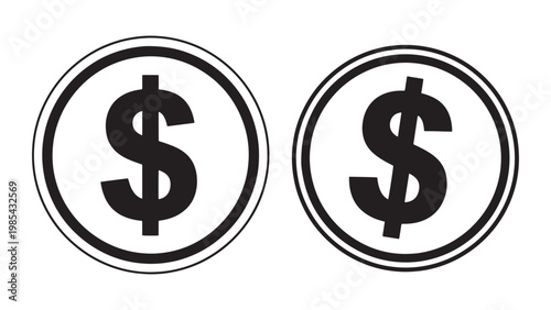 Two identical black dollar sign currency symbols in white circles, representing finance, payment, and economy, isolated on a clean white background.