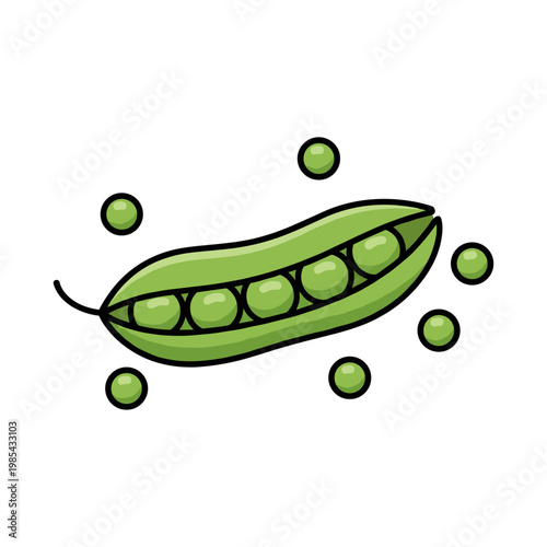 Green pea pod with individual peas scattered around