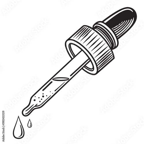 Hand drawn medical dropper pipette with liquid drops sketch illustration