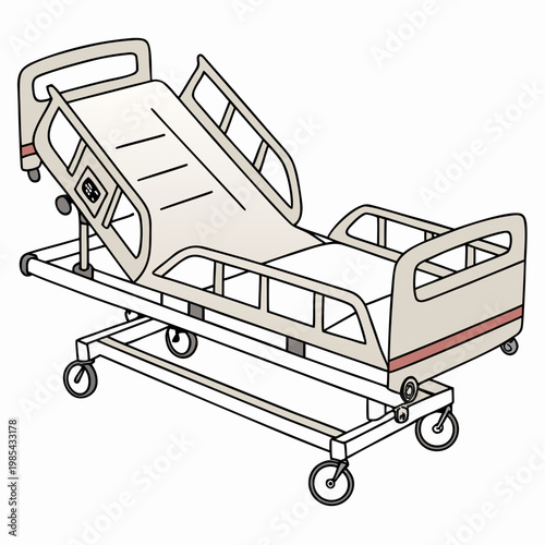 Adjustable medical hospital bed with wheels and side rails graphic illustration