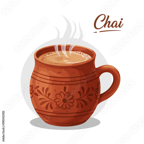 Hot chai tea in a traditional brown clay cup with floral patterns