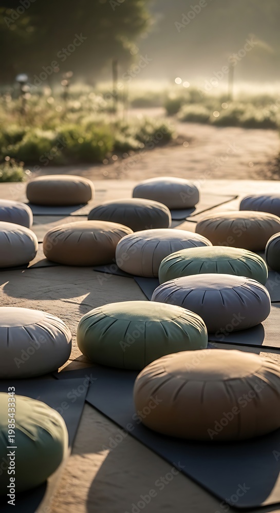Obraz premium Outdoor yoga meditation cushions arranged on mats in a serene park setting with morning mist and soft sunlight creating a peaceful atmosphere for wellness and mindfulness practice