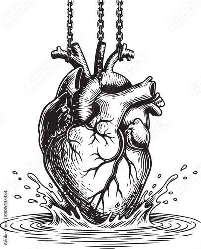 A symbolic depiction of a heart suspended and submerged in water with chains vector illustration