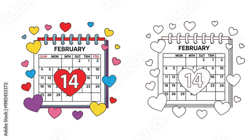 February Calendar Page for Valentine's Day with Hearts Illustration - Colored and Line Art Outline Vector Set for Holiday Planning and Coloring Book Page
