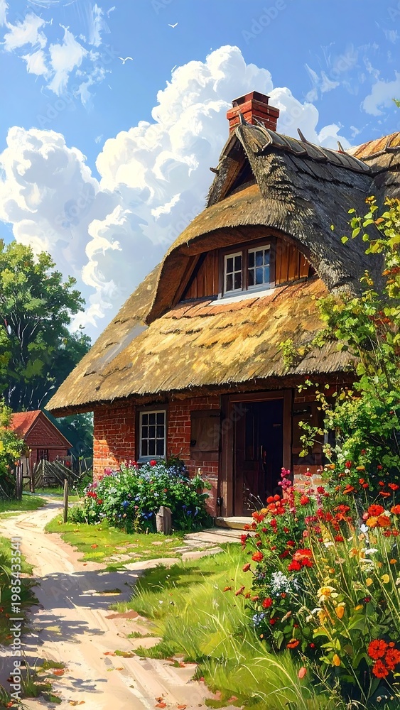 Fototapeta premium A serene cottage with a thatched roof surrounded by vibrant flowers