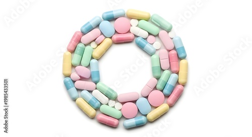 Colorful assortment of pills arranged in a circular pattern on a white background
