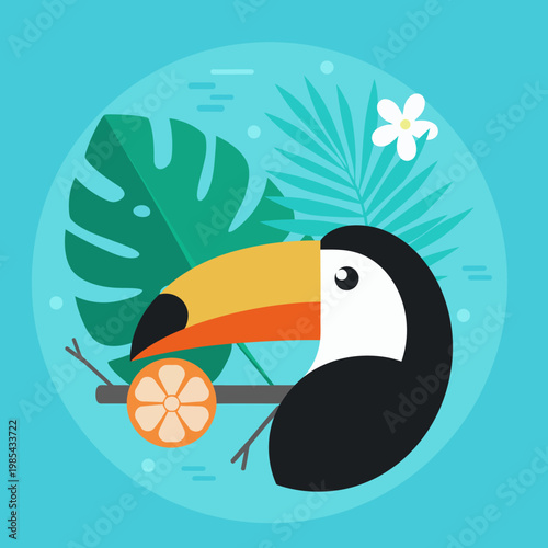 Vibrant tropical toucan illustration in flat design, surrounded by exotic leaves, flower, and orange slice. Ideal for playful nature-inspired graphic concepts