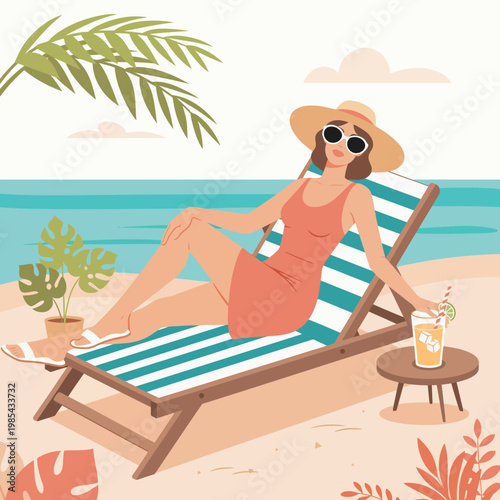 Relaxed woman in sunhat and sunglasses lounging on beach chair with refreshing drink on a sunny day
