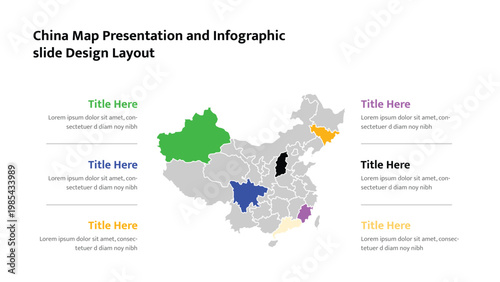 Infographic map of China with colorful highlighted regions for data presentation