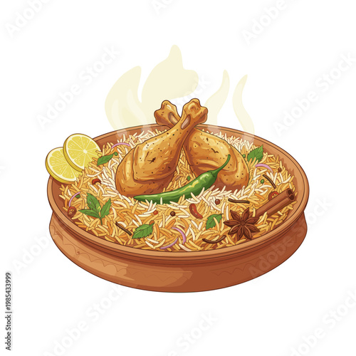Steaming biryani rice with chicken, spices, and lemon in clay pot