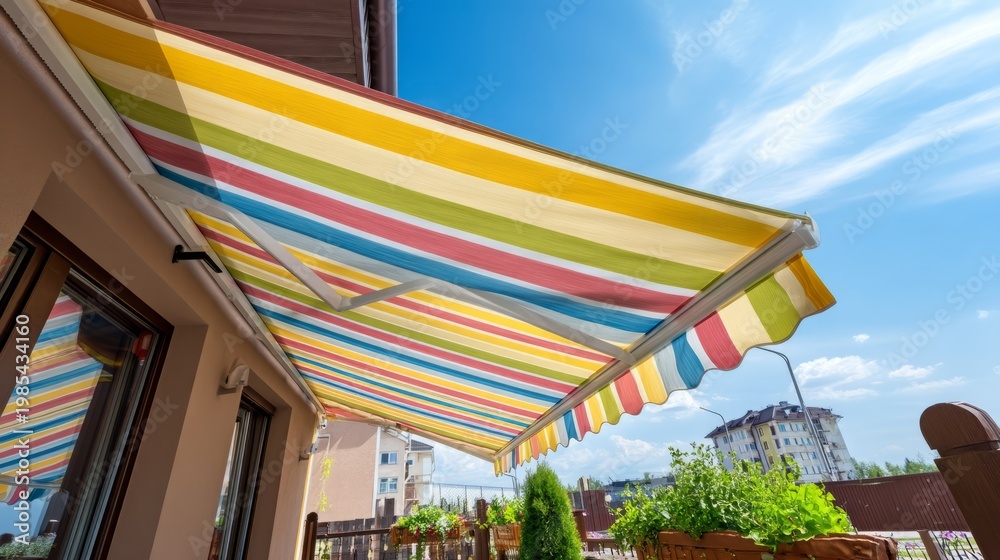 Obraz premium Colorful Awning Perspective with Blue Sky and Urban Background