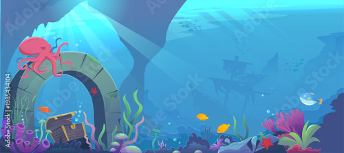 Underwater scene with octopus, fish and treasure chest in cartoon style on blue background showing discovery. Vector illustration