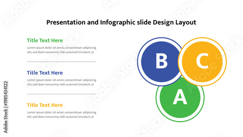 Infographic presentation template displays three informational text blocks and overlapping lettered circles