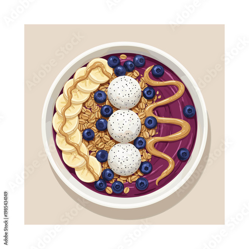 Purple acai bowl with granola, blueberries, bananas, and peanut butter drizzle
