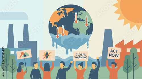 People protesting global warming and climate change with melting Earth