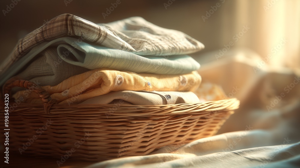 Obraz premium Neatly Folded Clothes in a Wicker Basket on a Sunny Day Scene