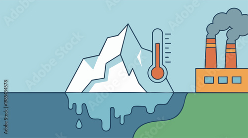 Melting iceberg, rising temperatures, and factory pollution illustrating global warming