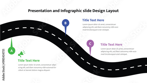 Infographic slide layout showing a winding road path with three numbered pin markers