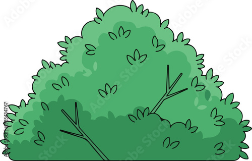 A vivid green bush with visible branches and detailed leaves, perfect for nature and garden illustrations