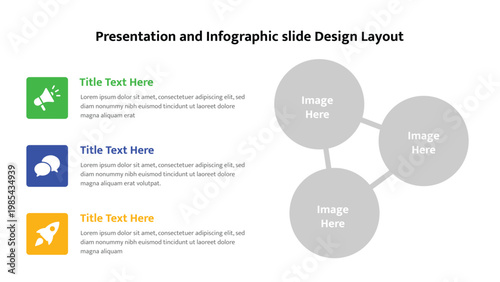 Infographic slide layout showing three detailed points with icons and interconnected image placeholders
